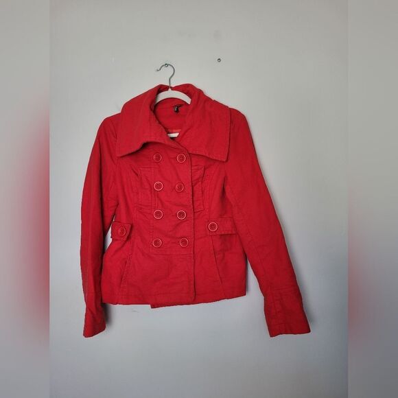 Bright Red Peacoat Trench Coat 100% Cotton Canvas Detective Twee Preppy Medium - Picture 1 of 6